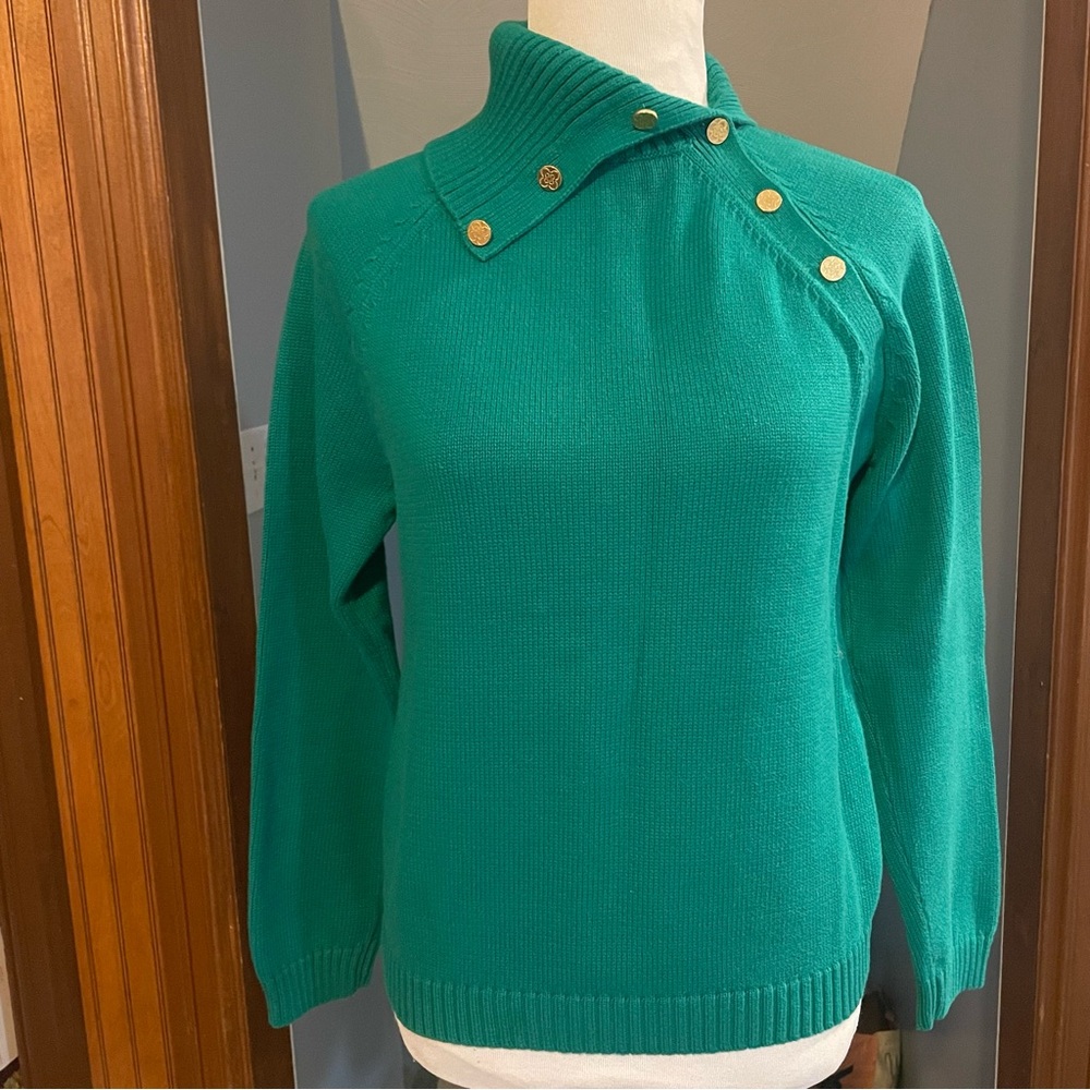 90s Charter Club Petite SWEATER Green Cotton Sweater Asymmetrical Collar Med Pet